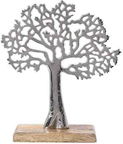 Murago Lebensbaum Deko Skulptur ca. 27cm Metall Figur Baum des Lebens Schmuckbaum auf Holzfuß Silber-farbig Dekoration