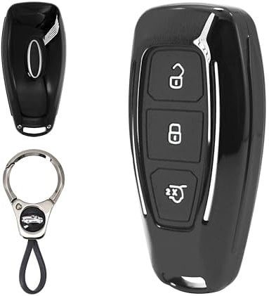 Carbon Fibre Pattern ABS Plastic Cover for Ford Smart Key Fob, 3 Buttons Smart Car Key Case with Keychain, Compatible with Ford Focus/Fiesta/Kuga/C-Max, etc. - Black