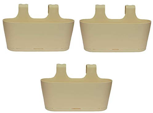Gariella - 3 x Blumenkasten in Beige, Hängekasten, Geländer-Montage, Balkon, Außenbereich, 5,5 L, oval, Kunststoff, Übertopf, Pflanzkasten, Blumentopf zum Hängen, Wasserspeicher/Untersetzer