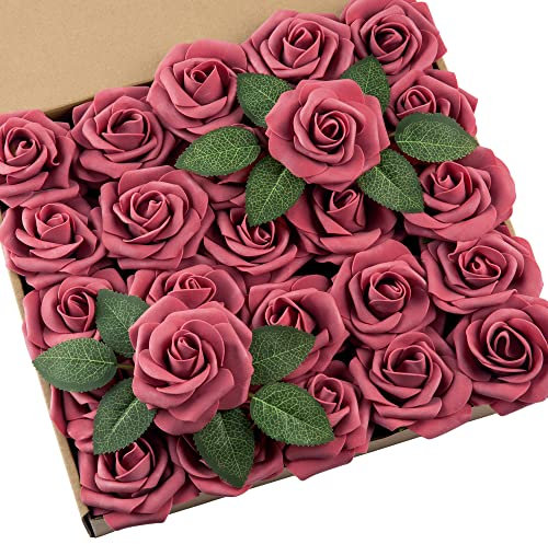 DuHouse 25 rose artificiali fiori di rose finte con gambi veri fiori in schiuma per bouquet di nozze fai da te, centrotavola per baby shower, composizione floreale, decorazione per la casa (Borgogna)