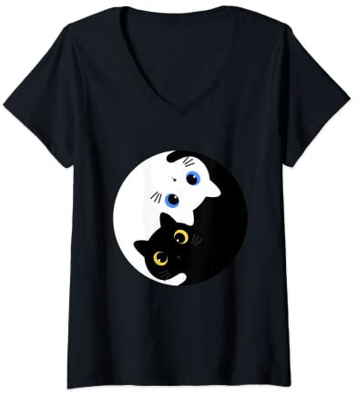 Femme Yin Yang Yoga Zen Mignon Chat Cadeau Yoga Chats Chats T-Shirt avec Col en V