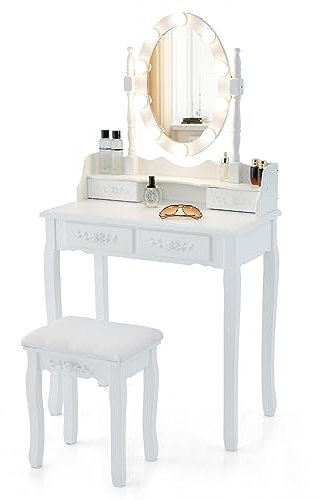 RELAX4LIFE Schminktisch Set mit Hocker, Frisiertisch mit 360° Schwenkbarem & Abnehmbarem Spiegel, Kosmetiktisch mit 10 Dimmbaren & 3-Farbigen LED-Beleuchtungen, Make-up Tisch mit 4 Schubladen (Weiß)