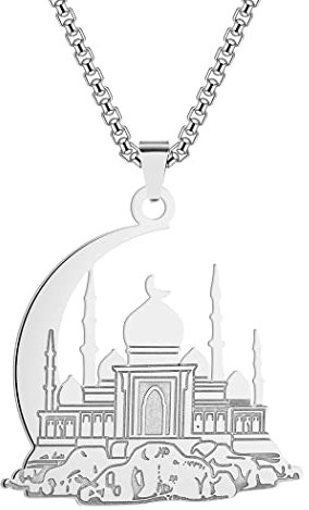LUTAKU Herrenschmuck Islamische Muslimische Goldkette für Männer Jungen Moschee mit Halbmond Talisman Anhänger 316L Edelstahl Hip Hop Ketten für Männer (290S)