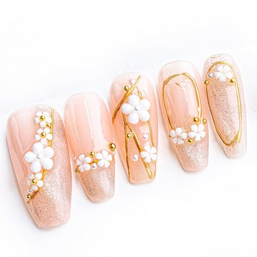Sun&Beam Nails Handmade Press On Nail Long Coffin Ballerina Plum Blossom Pink Acrylic Fake Tip 3D Design Art Charms Cute with Storage Box 10 Pcs (#010 XS)