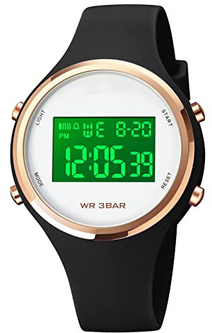 Forrader Montre numérique pour femme - Étanche - Avec bracelet en silicone - Chronomètre - Réveil - Calendrier - LED - Multifonction, Noir (1720), Sangle