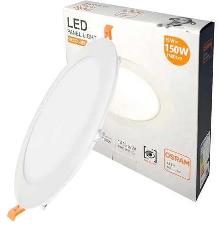 FactorLED Downlight LED 15W Slim, Ø170x22mm, Placa Circular Empotrable, NO FLICK, Panel Redondo Extraplano 1650 lúmenes, Corte techo Ø155mm (Luz Fría 5700K)