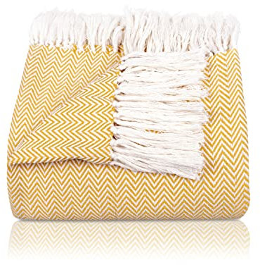 Gräfenstayn Premium Tagesdecke mit Fransen - 100% Baumwolle - 150 x 200 cm - Fischgrätenmuster Sommerdecke - Baumwolldecke als Bett-Überwurf, Couch-Überwurf, Sofa-Decke (Gelb)