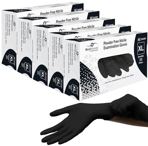 Farla Medical MediHands Disposable Extra Large Nitrile Gloves - Powder Free and Latex Free Surgical Gloves - Multi-Purpose, Single Use Medical Gloves - Box of 500, Black
