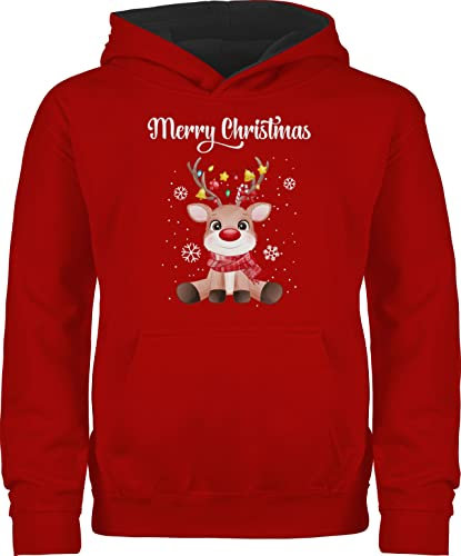 Pullover Kinder Hoodie Jungen Mädchen - Weihnachten - Merry Christmas süßes Rentier | Rudolph Elch Rudolf - 152 (12/13 Jahre) - Rot/Schwarz - Weihnachts-Hoodie weihnachtshoodie weihnachtsmotiv