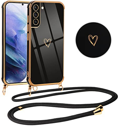 Vauki Coque pour Samsung Galaxy S21 Plus 5G avec Cordon de Collier, Galvanisé Etui Housse avec Motif Coeur d'amour, Antichoc Anti-Rayures Case avec Bandoulière pour Samsung S21+ 6.7, Nior