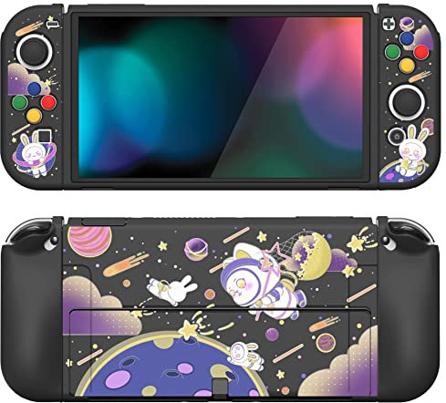PlayVital ZealProtect Weiche Hülle für Nintendo Switch OLED,Case Hülle Cover Konsole Joy Con Zubehör für Nintendo Switch OLED mit Thumbstick-Caps&Tastenkappen(Weltraumkatze)