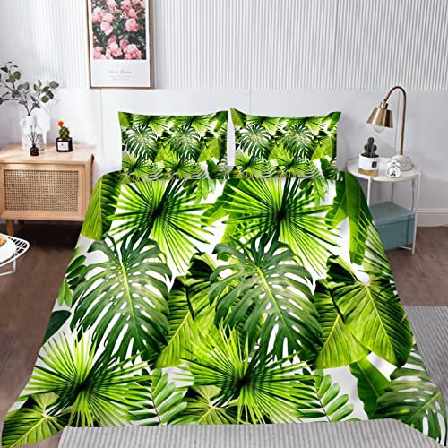 YUANZU Green Tropical Bedding Set Double for Comforter Easy Care Duvet Cover Set 3 Pieces Jungle Leaf Palm Leaves Printed Soft Microfiber Quilt Cover with Zipper Closure (200 x 200 cm & 2Pillowcase)