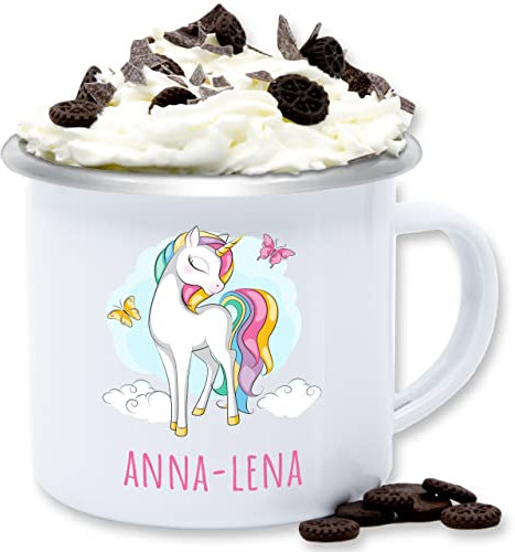 Emaille Tasse Blechtasse - Einhorn mit Name personalisiert Geschenk Unicorn I Einhörner Kinder Geschenk - 300 ml - Weiß Silber - personalisierte becher kindertasse unicorns personlisierte tassen
