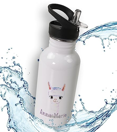 timalo® Trinkflasche für Kinder personalisiert mit Namen | auslaufsichere Edelstahl Sportflasche Kindergarten mit Tieren Geschenk für Jungen und Mädchen 600mL | 02-Lama