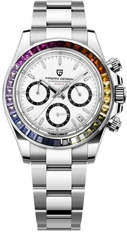Pagani Design Herrenuhr Saphirglas Chronograph Edelstahl Wasserdicht Leuchtende Uhr Japanisches Uhrwerk Herren Quarzuhr Uhr für Männer(Bunt weiß 1644)
