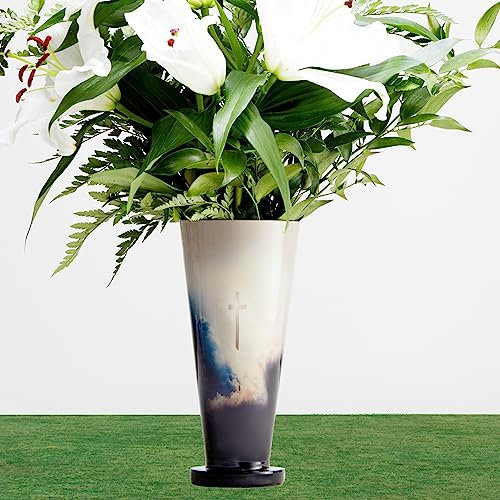 Metall Friedhof Blumenvase mit zwei Pfählen - Robuste Konstruktion für Gräber Garten Rasen Hof oder Haus - Gedenkdekoration - 8,5 Zoll Vase - Kreuz im Himmel Design