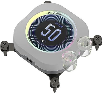 Corsair XC7 RGB ELITE LCD CPU Water Block - 480x480 IPS LCD Screen - 31 RGB LEDs - USB-C - Fits Intel® LGA 1700, AMD® AM5 and older - White