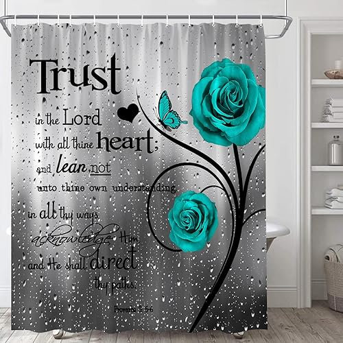 Duschvorhang mit inspirierendem Zitat, türkis, Blume, Schmetterling, abstrakte Pflanze, grau, realistisch, Wassertropfen, romantisch, Valentinstag, moderner Polyesterstoff, Badezimmer-Vorhang mit