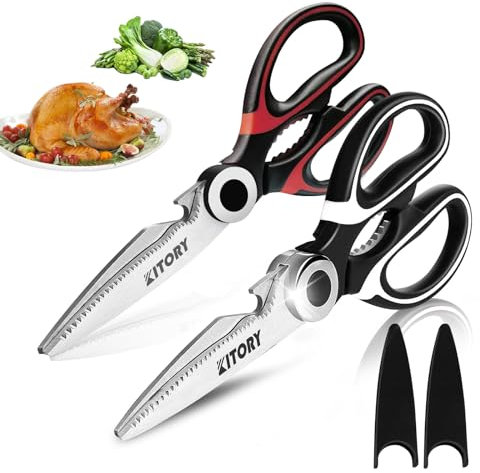 Kitory 2PCS Kitchen Scissors Heavy Duty Sharp Kitchen Scissors Stainless Steel Sharp Shears Multipurpose Utility Scissors with Cover for Meat Poultry Herbs Nuts, Bottle & Jar Opener