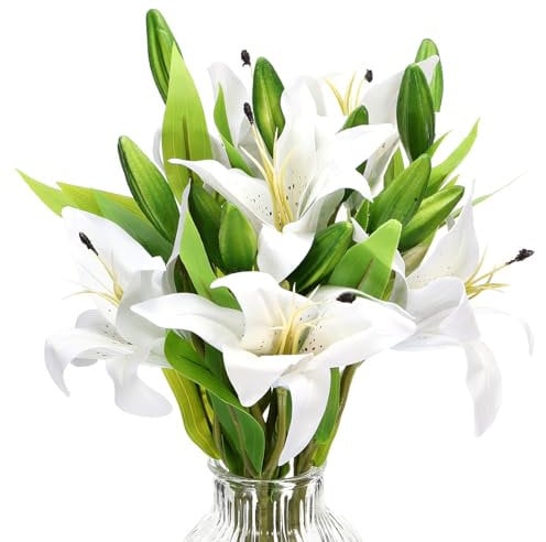 PATIKIL Lily Fake Flowers, 3PCS Lily Artificial Flowers White Flowers Artificial Lily Silk Faux Flowers in Vase Real Touch for Home Decor Centerpiece Table Decorations Dining Room, White