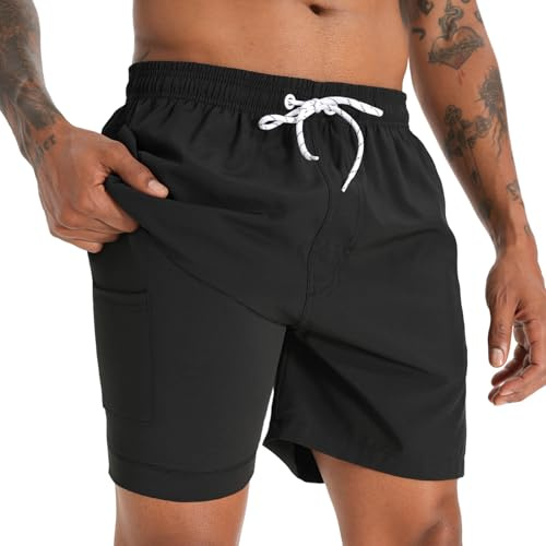 iCKER Swimming Shorts Men Swim Trunks 2 in 1 Compression Liner Shorts | Quick Dry,with Pockets,Summer Beach Shorts,Swimwear,for Vacation,Drawstring Board Shorts,Daily Casual