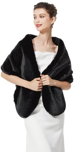 BEAUTELICATE Kunstpelz Stola Schal Damen Pelz Brautschal Brautstola Wrap Schwarz Elfenbein für Braut Winter Hochzeit Festival Weihnachten (Upgrade - Schwarz, Einheitsgröße)