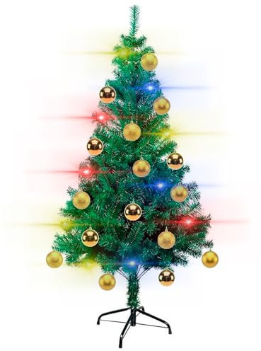 AC - Árbol de Navidad Verde - Decorado con Set de 42 Bolas con Estrella Color Dorado y Luces Leds Navideñas a Pilas Multicolor (300 Leds) - Altura del Árbol: 150 cm - Fácil Montaje