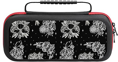 Custodia da viaggio con motivo floreale con rose bianche e nere, compatibile con accessori e giochi Switch Lite