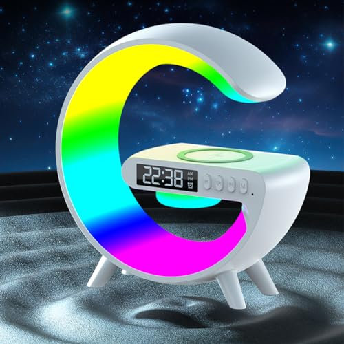 Fiorky Atmosphäre Lampe Led Wecker Mit Kabellosem Ladegerät, G Förmiger Bluetooth Lautsprecher mit Lichtwecker, AtmosphäRenlampe Lichtwecker for Erwachsene Kinder Schlafzimmer