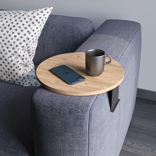 sugodesign Vassoio da divano con bracciolo, vassoio regolabile per divano e bevande, design speciale, pratico supporto in metallo, diametro 35 cm (effetto legno)