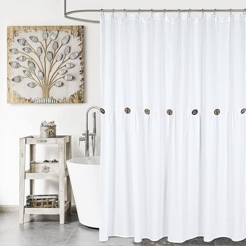 DOSLY IDÉES Tenda da doccia in tessuto bianco con bottoni, tessuto misto cotone, stile rustico shabby chic, 183 x 183 cm