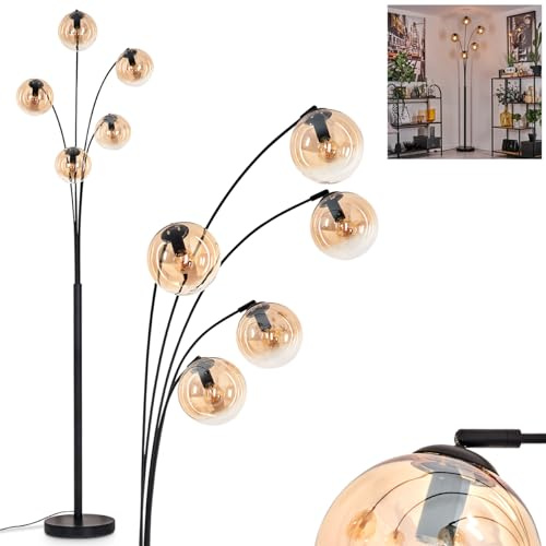 Stehleuchte Gastor, Stehlampe aus Metall/Glas in Schwarz/Bernsteinfarben/Klar, Leuchte im Retro/Vintage-Design mit Schirmen aus Glas (Ø 15 cm) u. Fußschalter, Höhe 210 cm, 5 x E14, ohne Leuchtmittel