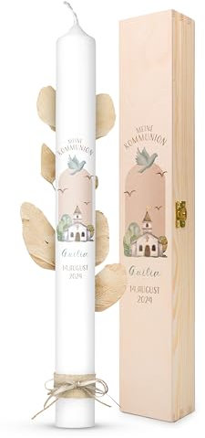 AMARI ® Kommunionkerze personalisiert Friedenskapelle (002.08.03) H:40cm/⌀:4cm - Kerze Kommunion - Kommunionkerze Junge/Mädchen - Kommunionkerze selbst gestalten - Kommunionkerze personalisiert