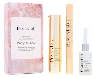 BEAUTYLAB Plump & Glow Skin & Lip Gift Set, Ultimate Skincare Collection, Hyaluronic Acid Intense Serum, Tripeptide Collagen Lip Plump, & Multi-Vitamin Oil, Luxurious Gift Set for Women