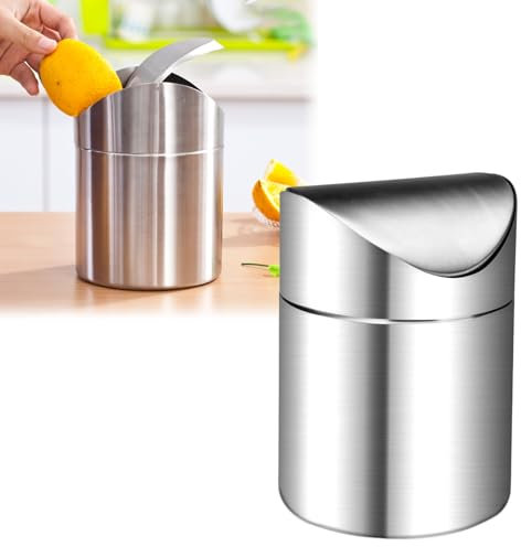 FAELNK Tischmülleimer mit Deckel Papierkorb Mini Mülleimer Edelstahl Tischabfalleimer Klein Kosmetikeimer für Küche Schlafzimmer Schreibtisch Schminktisch Mülleimer 12 x 16CM