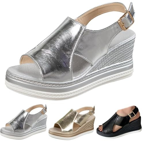 Conquerory Sandali Ortopedici Rosa, Comode Scarpe Ortopediche Con Supporto Dell'arco Per Donna, Sandali Con Piattaforma Zeppa E Fibbie Alla Caviglia, argento, 37 EU