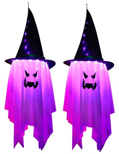 Halloween Hängelicht Deko, Halloween Lichterkette Fliegende Geisterhüte, Hängende Geister mit Hexenhut, LED-Geist-Lampe für Karneval Party Halloween Terrasse Baum Veranda Deko (Lila,2 Stück)