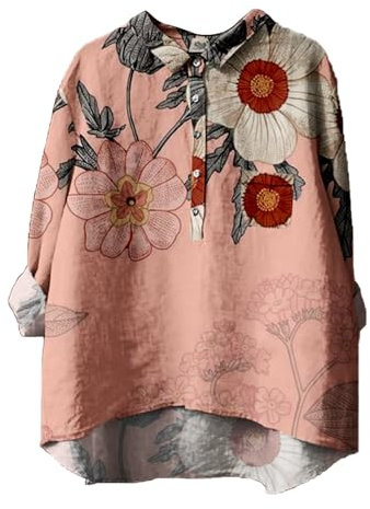 Generisch Chemise pour femme - Vintage - Imprimé floral - Manches longues - Grandes tailles - Col rond - Boutons - Tunique - Chemise décontractée - Ourlet asymétrique - Chemisier long - Pull, I rose.,