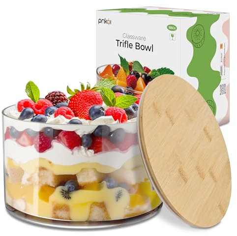 Prikoi 155oz Large Trifle Bowl with Lid, Modern Design Clear Glass for Salads, Dessert, Fruit, and Party Displays, 2025 Thickened Version