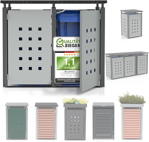 Mülltonnenbox für 2 Tonnen bis 120L - Blechdach, verzinkt & pulverbeschichtet, Lochmuster, bereits aufgebaut, RAL 7035/RAL 7040