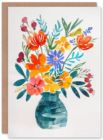 Artery8 Greeting Card Bright Colourful Flower Bouquet Vase Watercolour For Her Woman Birthday Card