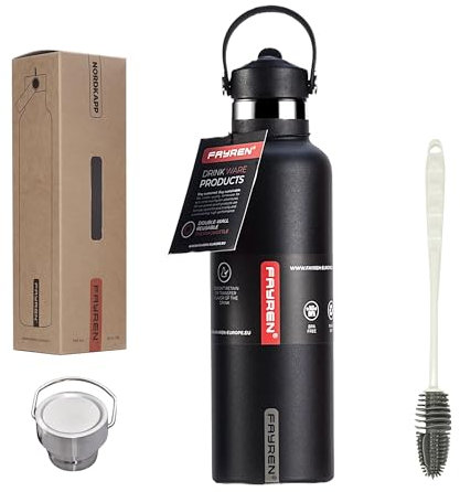 Fayren NORDKAPP Thermoskanne 750ml inkl. 2x Deckel + Bürste, Thermosflasche mit Strohhalm, Edelstahl 18/8 Trinkflasche BPA- Frei, 100% Auslaufsicher, Vacuum-Isolation Outdoor, Büro, Sport (Black)