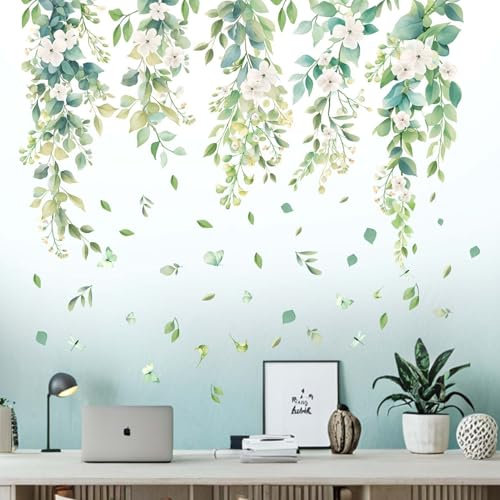 Hanging Leaves Wall Stickers for Bedroom: Green Vine Plants Nature Wall Decals - Living Room Sofa TV Background Home Wall Decor