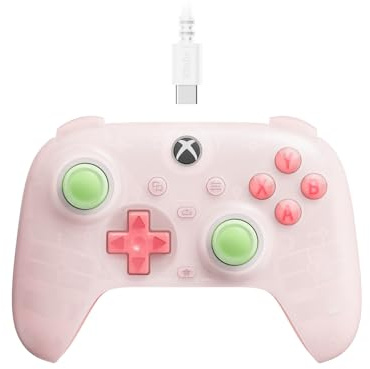 8Bitdo Ultimate Mini controller cablato con anello di fuoco illuminazione RGB, joystick effetto Hall e grilletti, per Xbox Series X|S, Xbox One, Windows 10/11 - Licenza ufficiale (rosa traslucido)