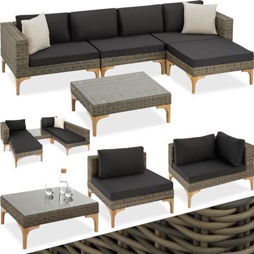 tectake® Aluminium Poly Rattan Lounge, Gartenmöbel Sofa Set mit Ecksessel, Sessel, Hocker und Tisch, Outdoor Gartenlounge mit Polstern und 2 Zierkissen, für Garten, Terrasse, Balkon - Natur