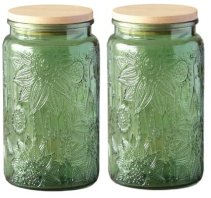 ANSQU Set aus 2 Vintage-Glasbehältern, 1000ml Süßigkeitengläser mit Deckeln, Vintage-farbiges Einmachglas für Küchendeko-Aufbewahrung für Kaffee, Tee, Süßigkeiten, Kekse (Grün, 2 Stück)