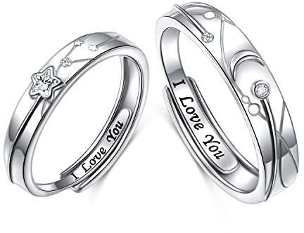 HOOHWE Damen Herren Mond Stern Paare Ringe 925 Silber Offen Partnerringe