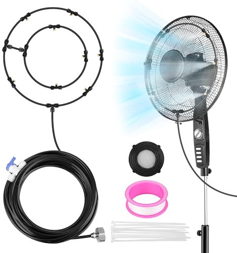 Anglekai Ventilator-Nebel-Set, Outdoor-Nebelventilator für Terrassennebelspray mit 7,6 m Nebelleitung, 8 Messingnebeldüsen/Messingadapter/Teflonband