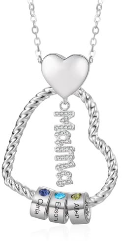 Kette Damen Geschenke für Mama - Personalisierte MAMA Kette mit 1–5 Namen Halskette Schmuck Charms Anhänger für Mutter Tochter Weihnachten Muttertag Geburtstag (Herz-Silber- 3 Namen 3 Geburtssteine)