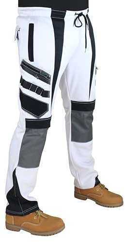 HASHOOB TRADING FZE Men's White Fleece Painter Work Trousers Decorators Carpenter with Knee Pad Pockets Multi Cargo Pocket